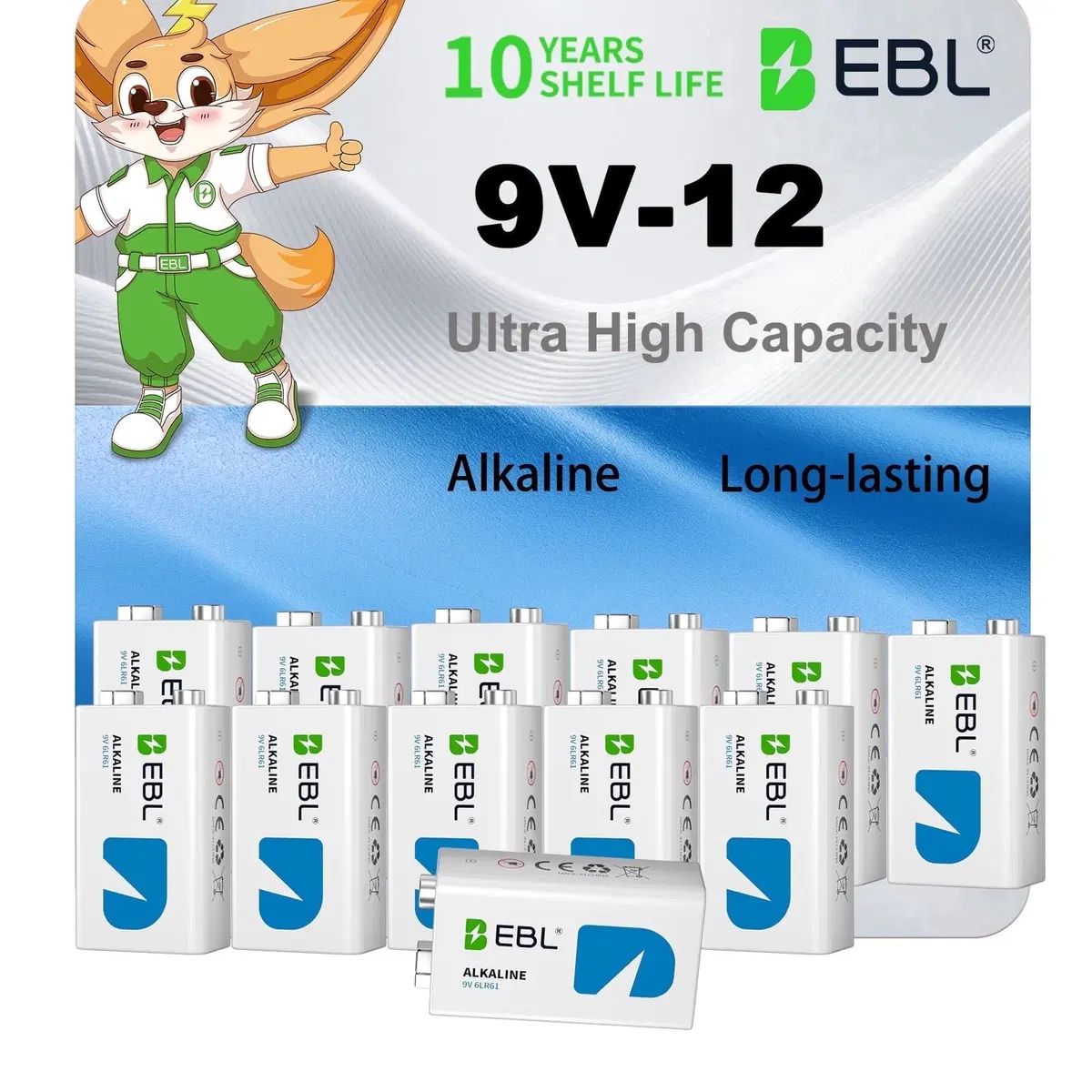 EBL 9V Alkaline Batteries 12-Pack, 9 Volt Battery, High Capacity(600mAh) & Zero Leak, 10-Year Shelf Life for Smoke Alarms, Toys, Remote Controls