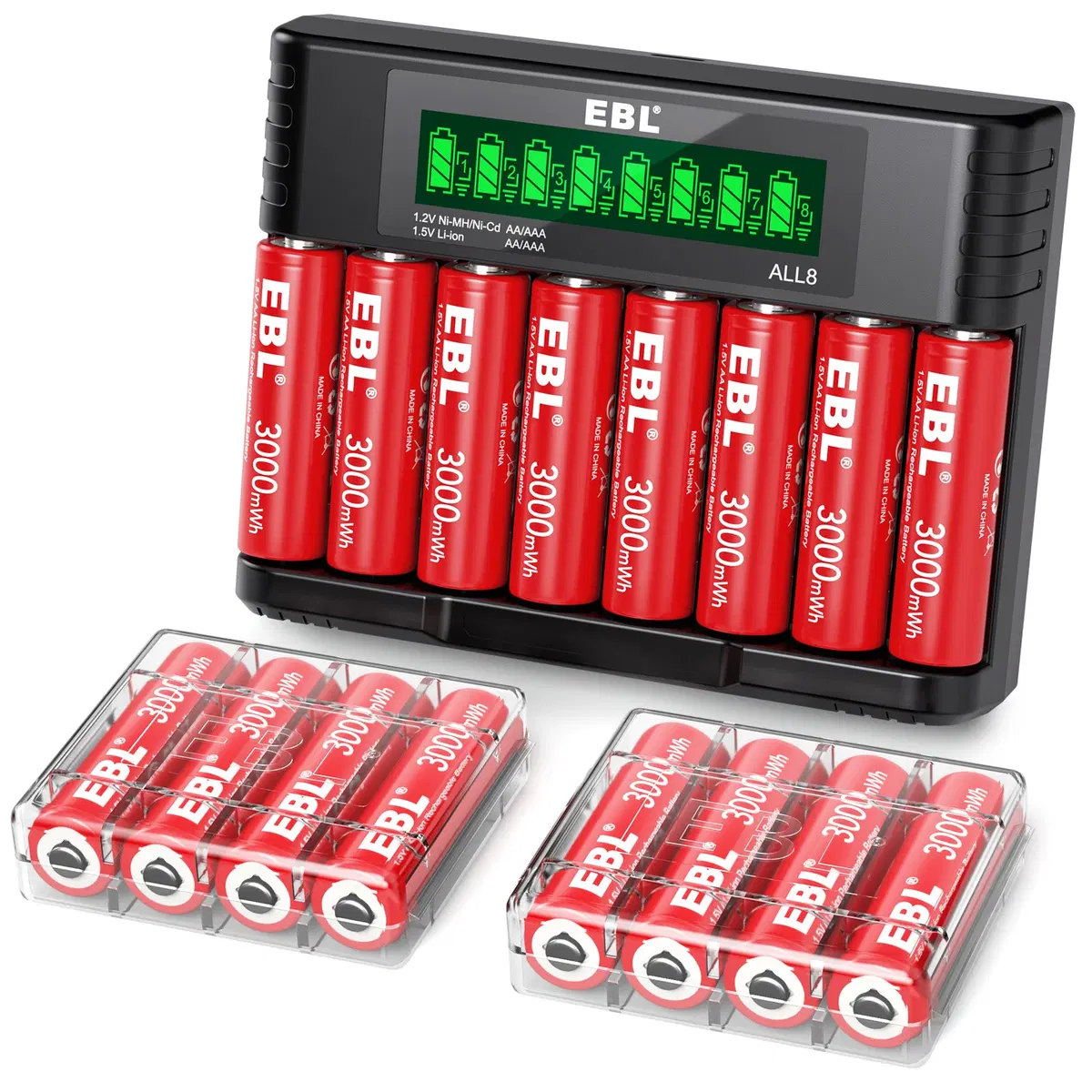 EBL Rechargeable Lithium AA Batteries 16 Pack, 3000mWh 1.5V Double A Battery 8-Bay AA AAA Individual Battery Charger