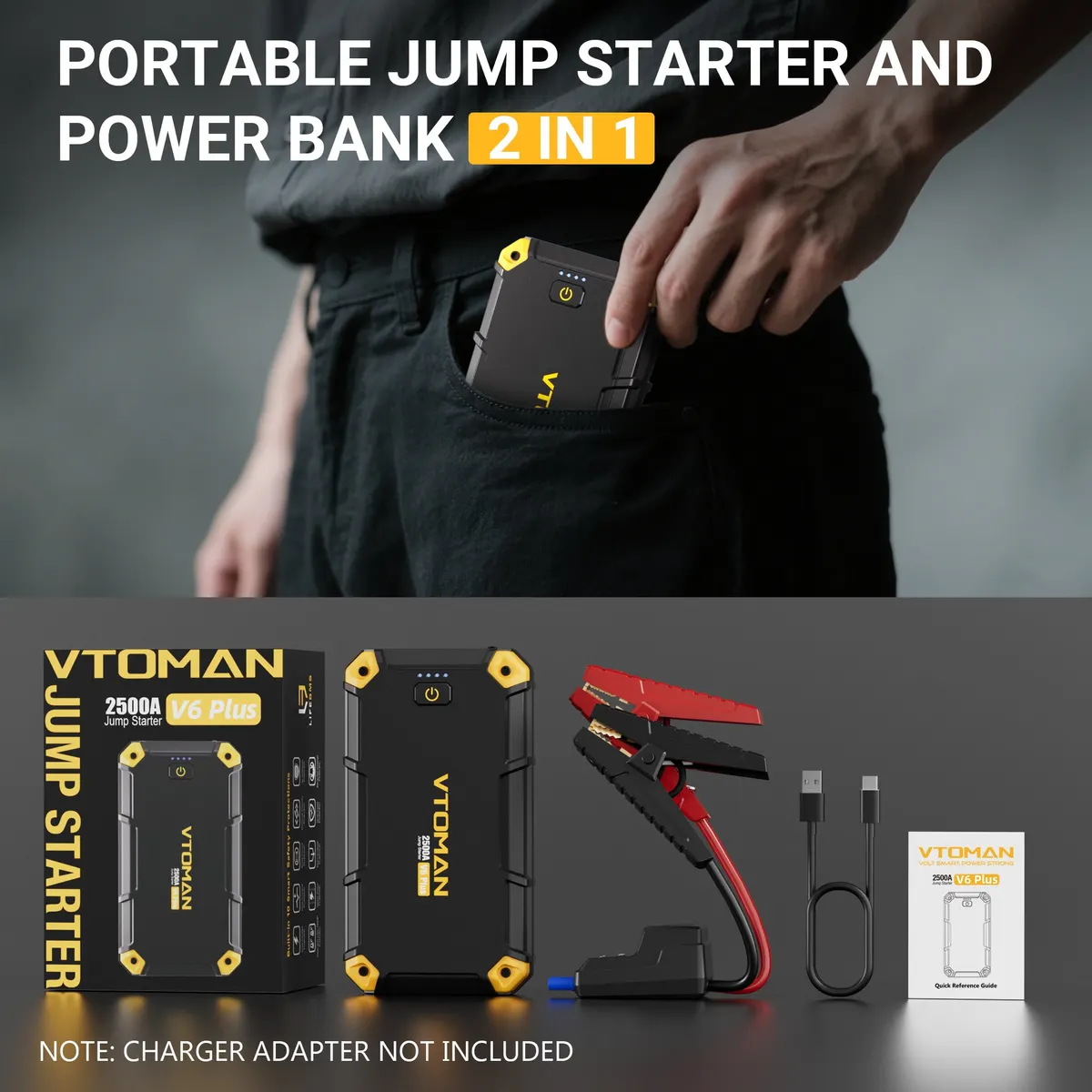 VTOMAN V6 PLUS 2500A Car Jump Starter,Portable Battery Jumper for 12V Vehicles(6.0L Gas/4.0L Diesel),10000mAh Power Bank Fast Charging & Jumper Cables,V6 Plus