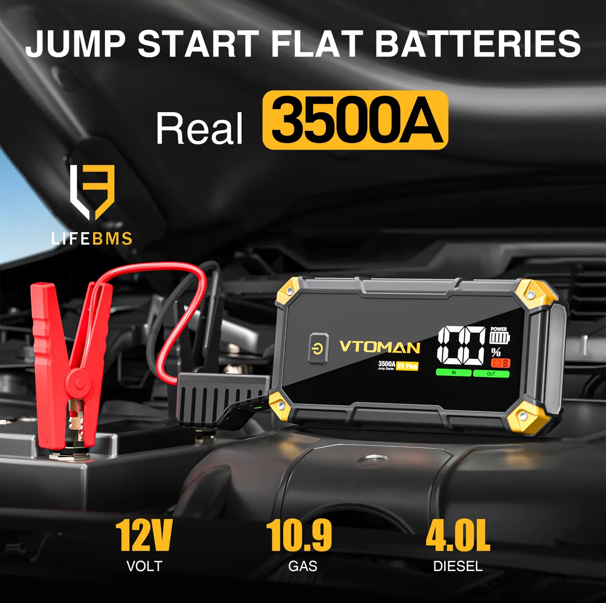 VTOMAN V8 Plus Car Jump Starter,3500A Peak 12V Lithium Battery Booster Pack(9.0L Gas & 8.5L Diesel),Portable Jump Box,Power Bank (44.4Wh) with Jumper Cables