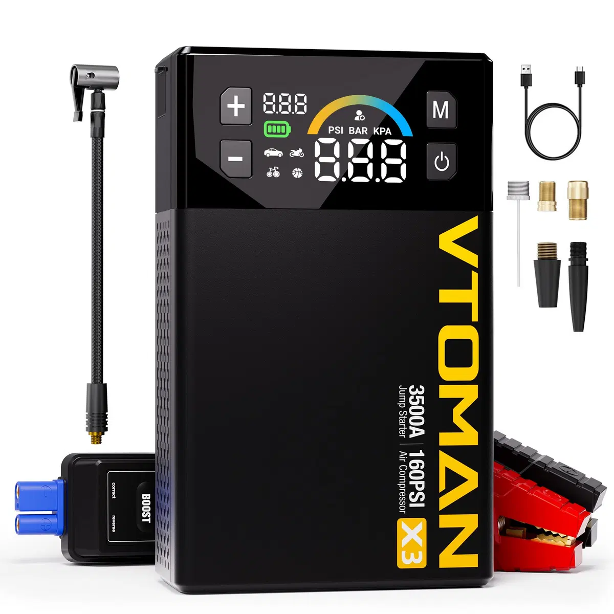 VTOMAN X3 Jump Starter with Air Compressor, 3500A Portable Car Battery Jumper Starter (9L Gas/8L Diesel Engines) with 160PSI Auto-Shutoff Tire Inflator, 12V Lithium Battery Booster Pack, Jump Box