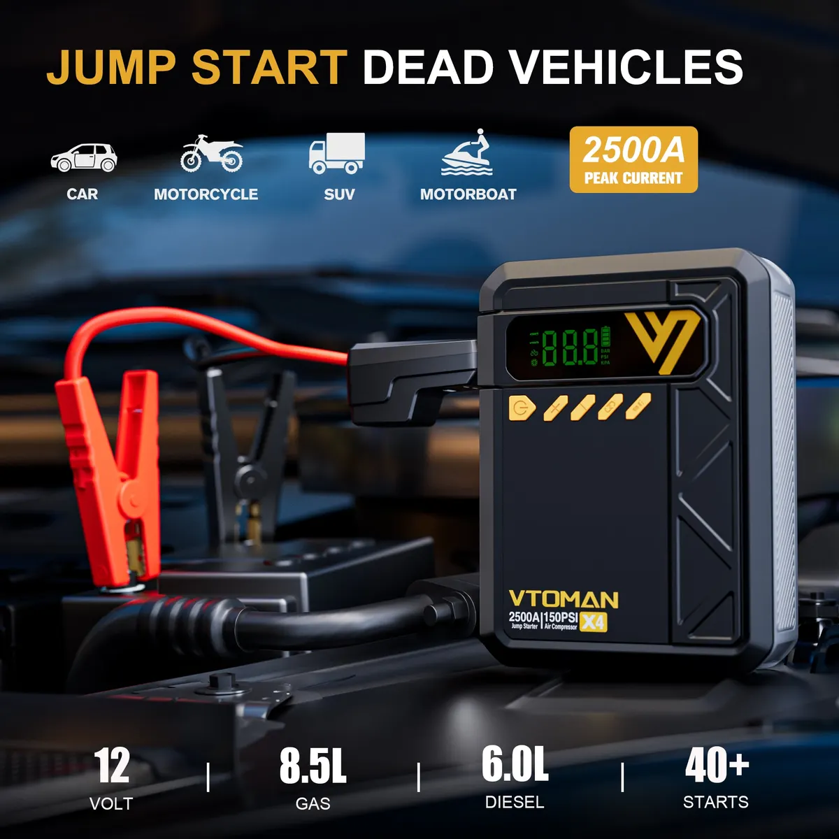 VTOMAN X4 Jump Starter with Air Compressor, 2500A Portable Car Battery Jump Starter (8.5 Gas/6.0L Diesel), 150PSI Auto-Shutoff Tire Inflator, 12V Lithium Jump Box Power Bank with Large LED Display