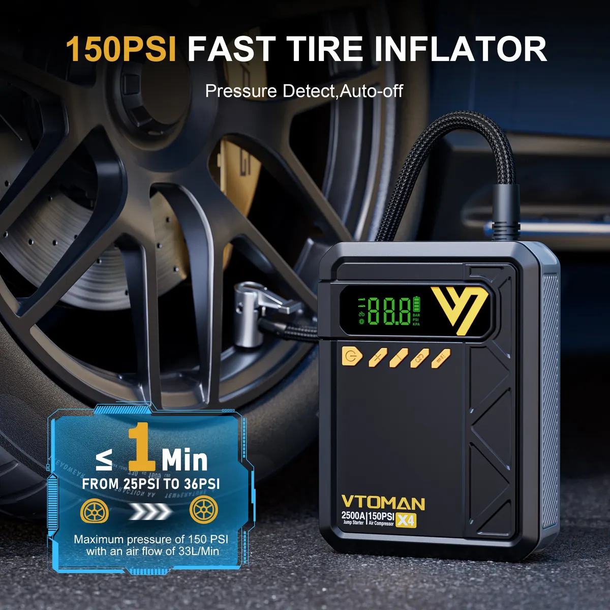 VTOMAN X4 Jump Starter with Air Compressor, 2500A Portable Car Battery Jump Starter (8.5 Gas/6.0L Diesel), 150PSI Auto-Shutoff Tire Inflator, 12V Lithium Jump Box Power Bank with Large LED Display