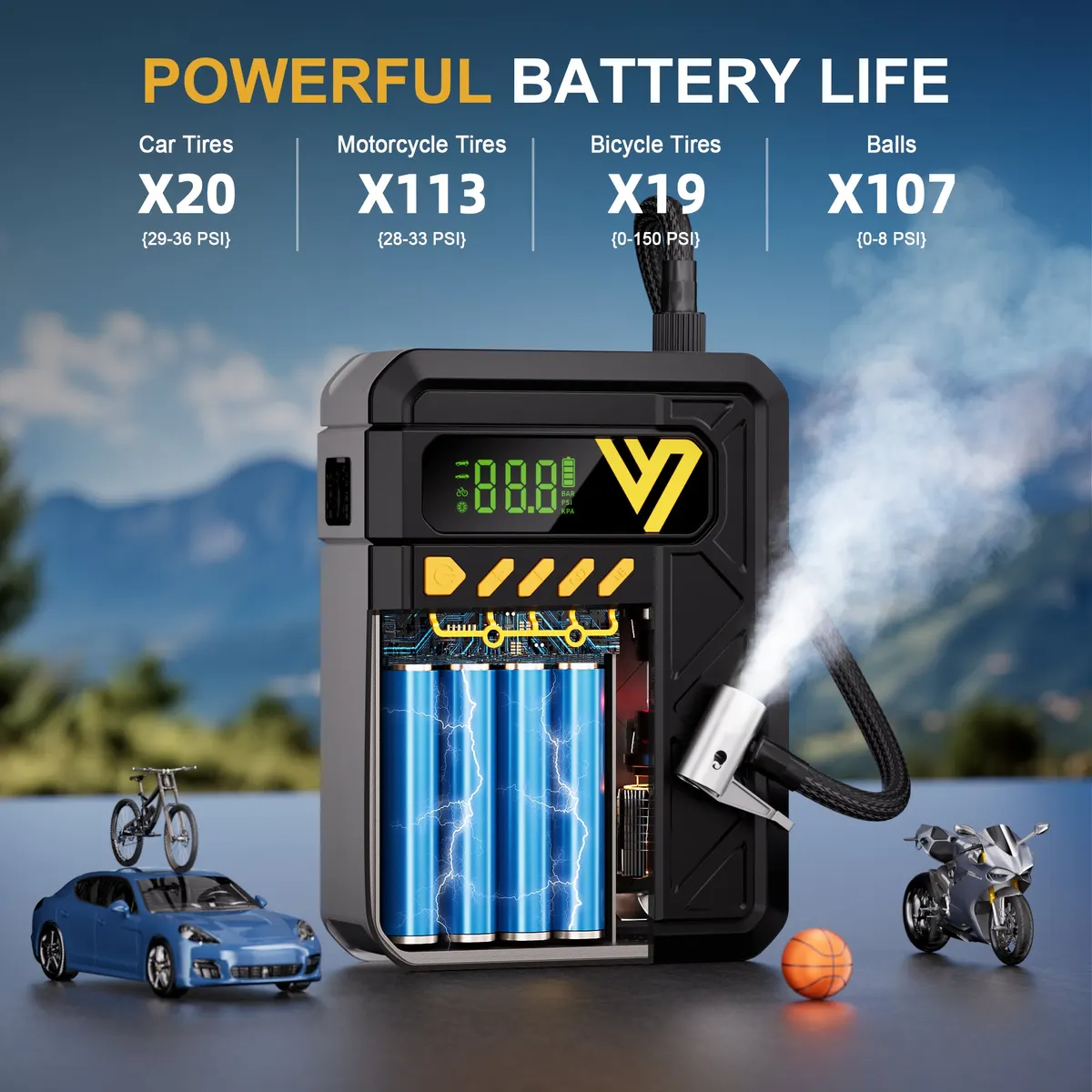VTOMAN X4 Jump Starter with Air Compressor, 2500A Portable Car Battery Jump Starter (8.5 Gas/6.0L Diesel), 150PSI Auto-Shutoff Tire Inflator, 12V Lithium Jump Box Power Bank with Large LED Display