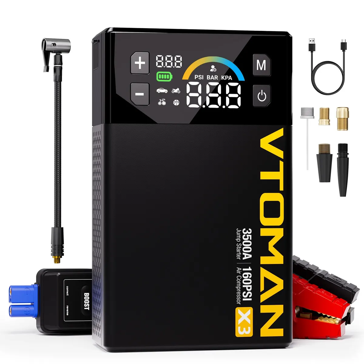 VTOMAN X3 Jump Starter with Air Compressor, 3500A Portable Car Battery Jumper Starter (9L Gas/8L Diesel Engines) with 160PSI Auto-Shutoff Tire Inflator, 12V Lithium Battery Booster Pack, Jump Box