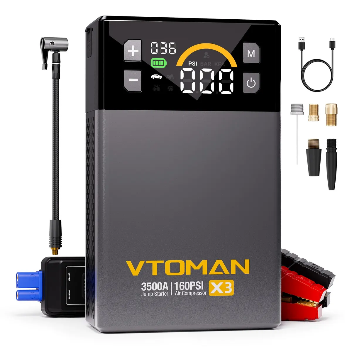 VTOMAN X3 Jump Starter with Air Compressor, 3500A Portable Car Battery Jumper Starter (9L Gas/8L Diesel Engines) with 160PSI Auto-Shutoff Tire Inflator, 12V Lithium Battery Booster Pack, Jump Box