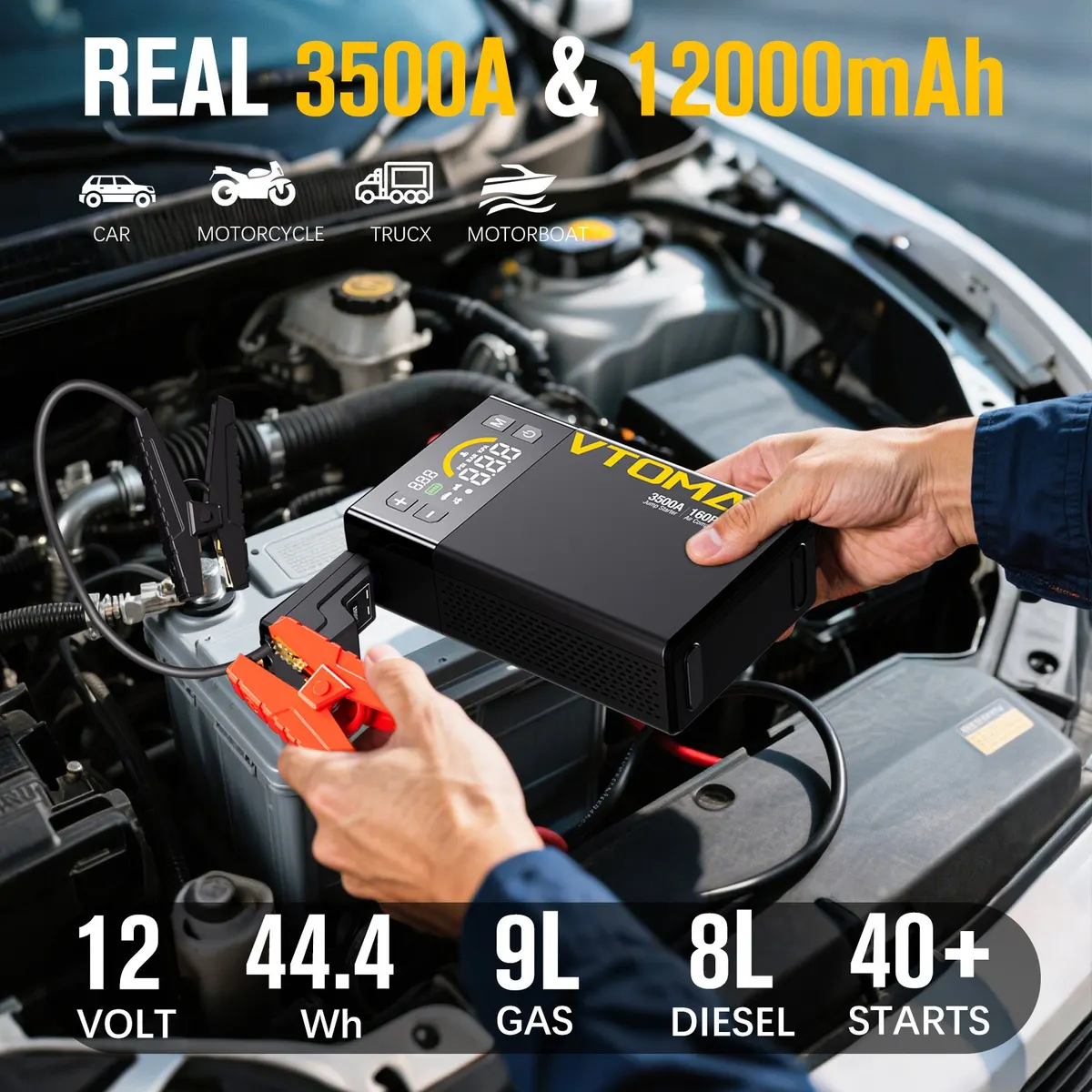 VTOMAN X3 Jump Starter with Air Compressor, 3500A Portable Car Battery Jumper Starter (9L Gas/8L Diesel Engines) with 160PSI Auto-Shutoff Tire Inflator, 12V Lithium Battery Booster Pack, Jump Box