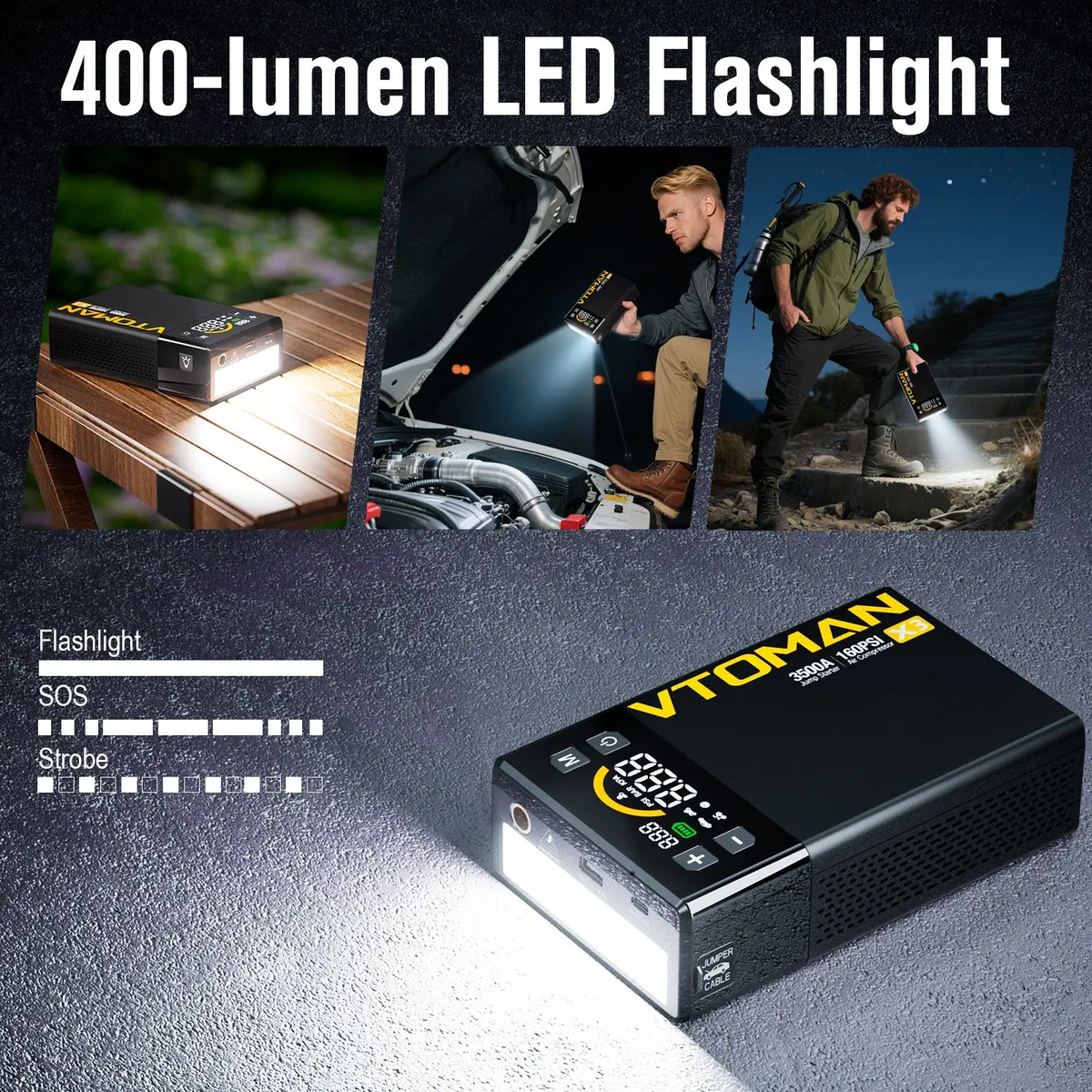 VTOMAN X3 Jump Starter with Air Compressor, 3500A Portable Car Battery Jumper Starter (9L Gas/8L Diesel Engines) with 160PSI Auto-Shutoff Tire Inflator, 12V Lithium Battery Booster Pack, Jump Box