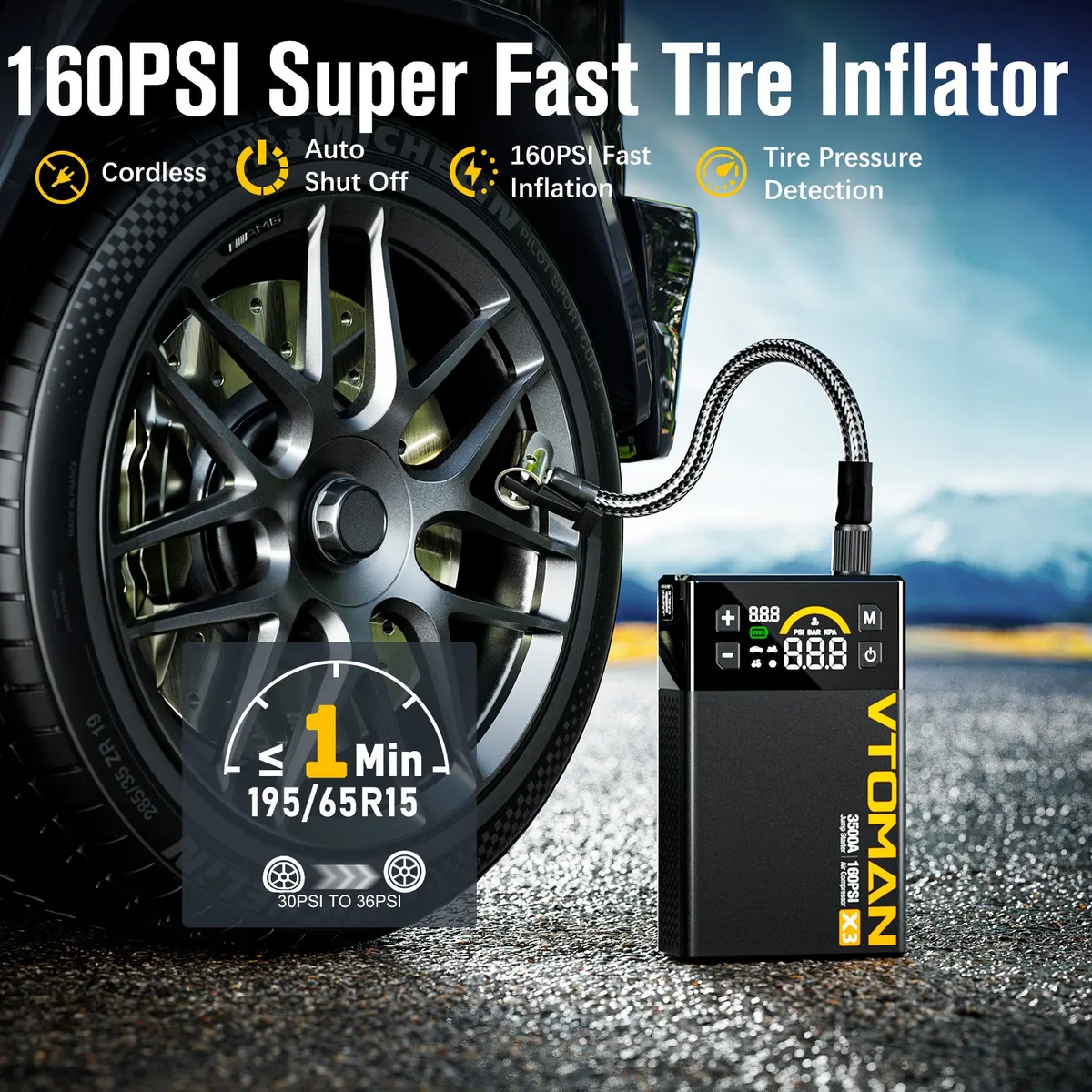 VTOMAN X3 Jump Starter with Air Compressor, 3500A Portable Car Battery Jumper Starter (9L Gas/8L Diesel Engines) with 160PSI Auto-Shutoff Tire Inflator, 12V Lithium Battery Booster Pack, Jump Box